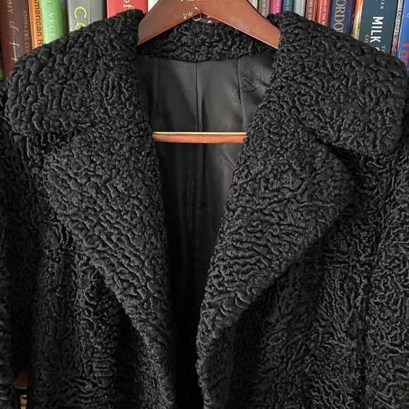 Curly Lamb Long Coat Wool Fur Black Persian Silk Lined Velvet Pockets Vintage - Picture 6 of 13